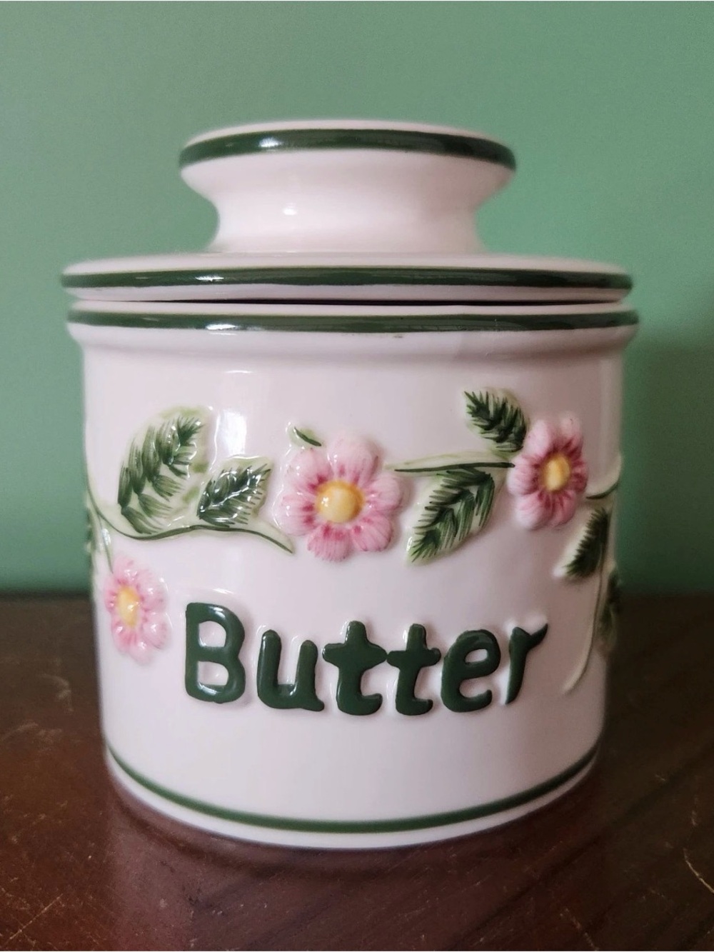 Original Butter Bell Crock French Beurre Embossed Floral 2pc design L. Tremain